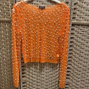 TOPSHOP Orange Pearl-Embellished Sheer Long Sleeve Top